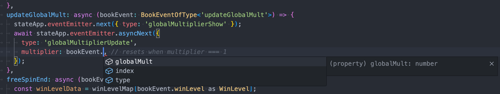 Source documentation screenshot of typed book-event completion for globalMult, index and type in a code editor.
