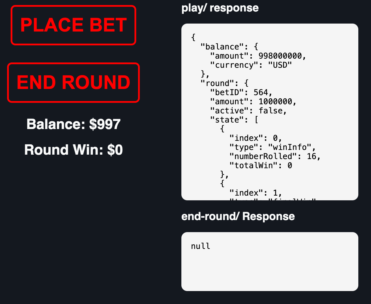 Official fifty-fifty example showing Place Bet, End Round, balance and the JSON play response.