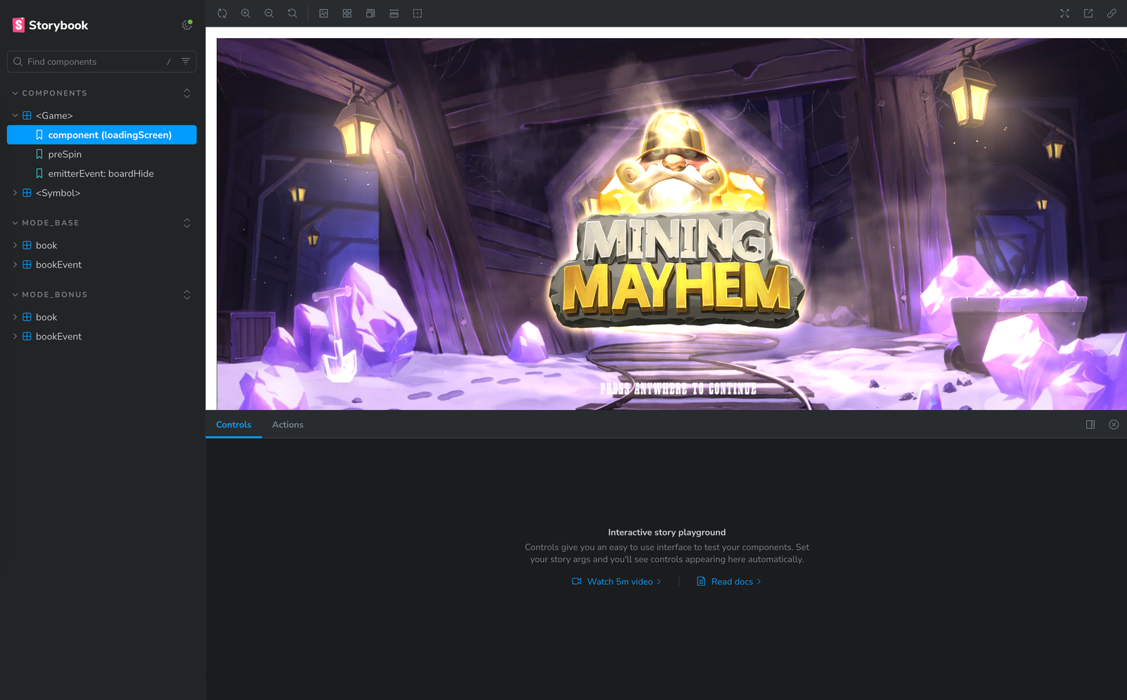 Official SDK sample loading screen inside Storybook, with component and base/bonus stories in the sidebar.