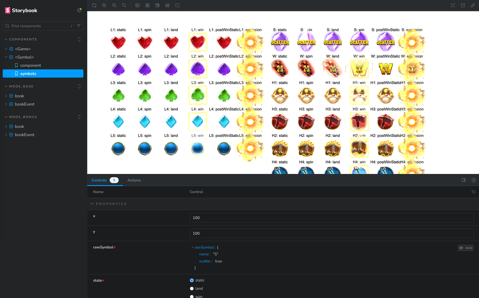 Storybook shows SDK sample symbols across static, spin, land, win and explosion states.